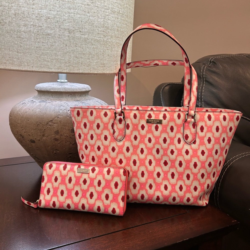 Kate Spade Pink & Red Patterned Tote and Wallet Set